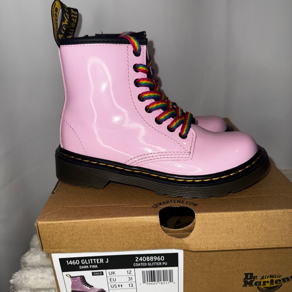 Dr. Martens Dark Pink Boots with Rainbow Laces